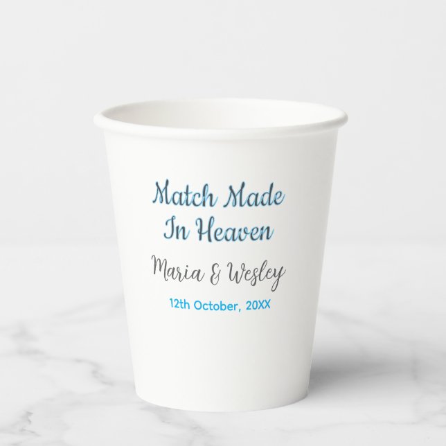Match made in heaven blue black couple name date paper cups (Front)