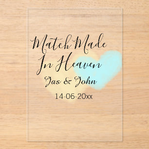 Match made in heaven blue yellow pastel heart name acrylic invitations