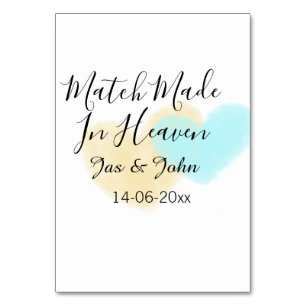 Match made in heaven blue yellow pastel heart name table number