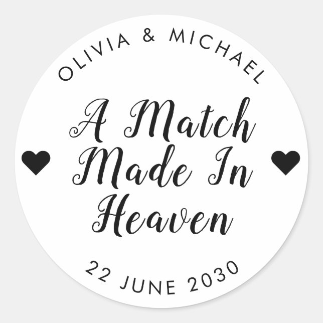 Match Made In Heaven Matchbox Heart Wedding Favour Classic Round Sticker (Front)