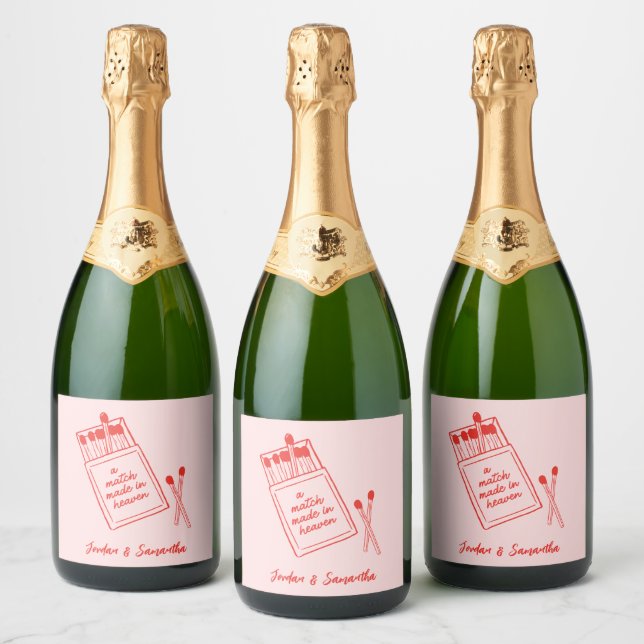 Match Made in Heaven Pink & Red Retro Sparkling Wine Label (Bottles)