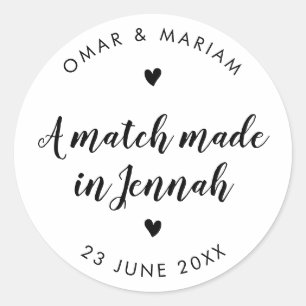 Match Made in Jennah Classic Quote with Black Text Round Sticker