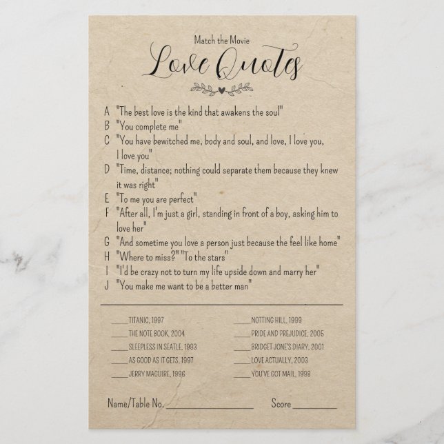 Match the Movie Love Quotes Wedding Table Game (Front)