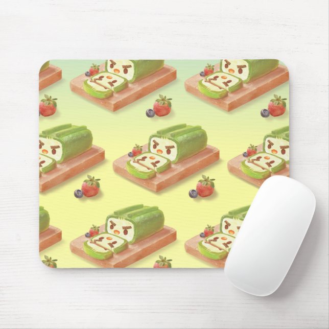 Matcha Cake Roll Illustration Mouse Mat (With Mouse)