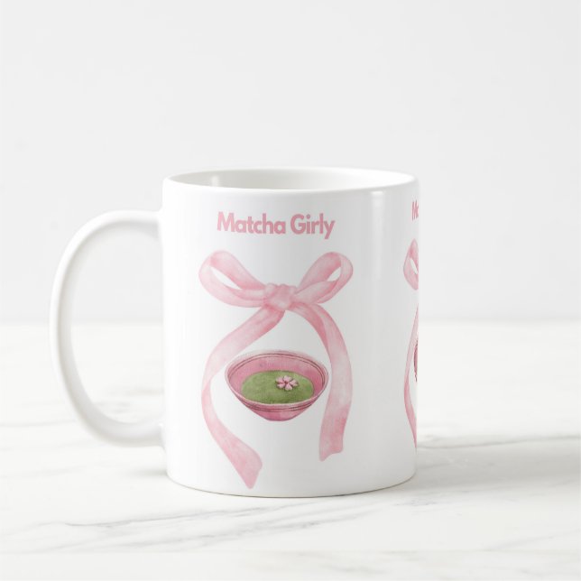 Matcha, Coquette Bow, Pink Bow, Matcha Girly , Mat Coffee Mug (Left)