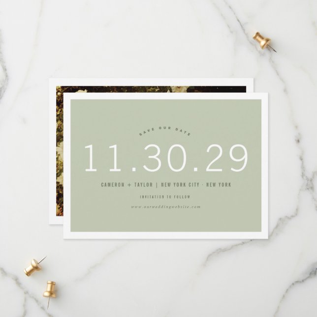 Matcha Green Modern Minimalist Bold Numbers Photo Save The Date (Front/Back In Situ)