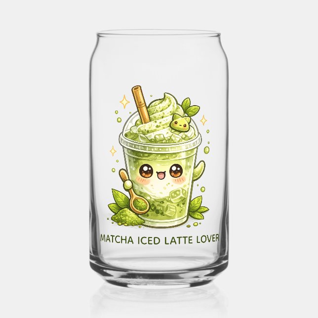 Matcha Green Tea Iced Latte Kawaii Glass (Front)