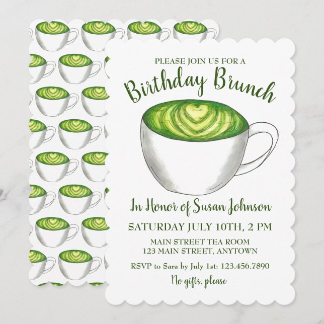 Matcha Green Tea Latte Party Birthday Brunch Invitation (Front/Back)