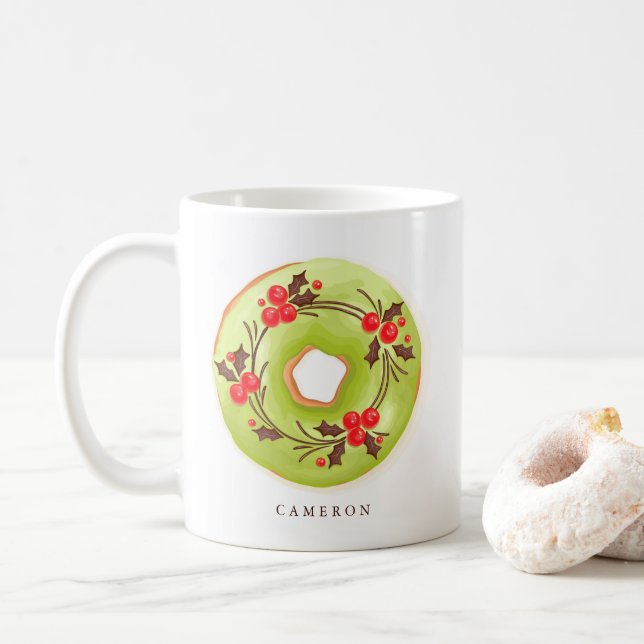 Matcha Holly Christmas Doughnuts Personalised Coffee Mug (With Donut)