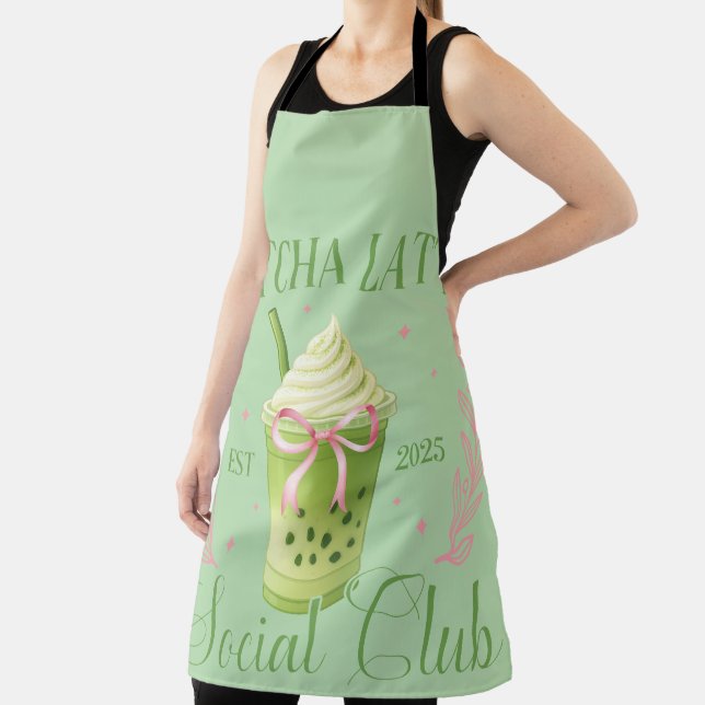 Matcha Latte Social Club Pink and Sage Green Apron (Insitu)