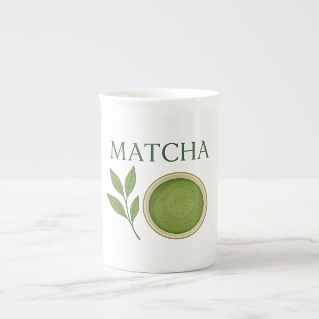 Matcha leaves and tea illustration bone china mug (Front)