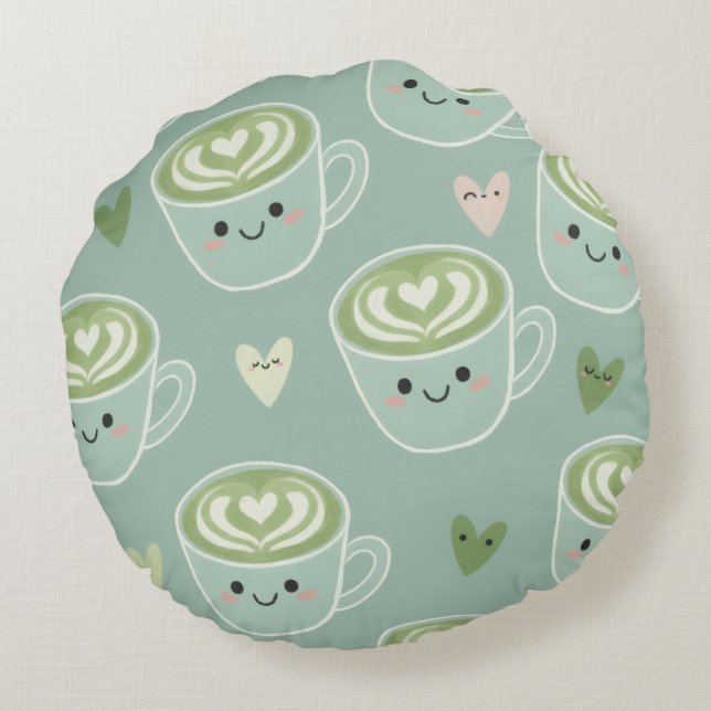 Matcha Love Latte Kawaii Round Pillow (Back)