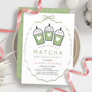 Matcha Tea Party Kawaii Bow Frame Girl Birthday Invitation