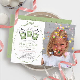 Matcha Tea Party Kawaii Bow Girl Photo Birthday Invitation