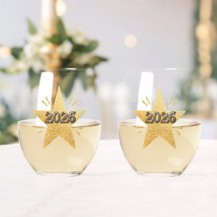Matched Pair of New Year "2026"  Stemless Wine Glass