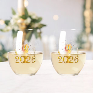 Matched Pair of New Year "2026"  Stemless Wine Glass