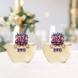 Matched Pair Patriotic New Year "2026" Stemless Wine Glass