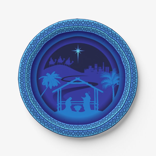 Matching Blue Nativity Christmas 7" Paper Plate (Front)