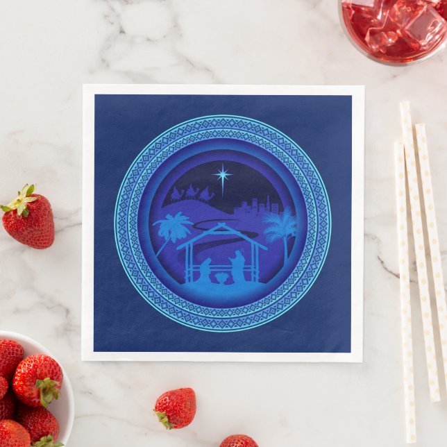 Matching Blue Nativity Christmas Napkin (Insitu)