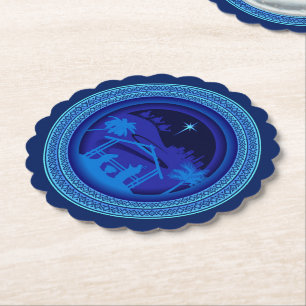 Matching Blue Nativity Christmas Scalloped Round Paper Coaster