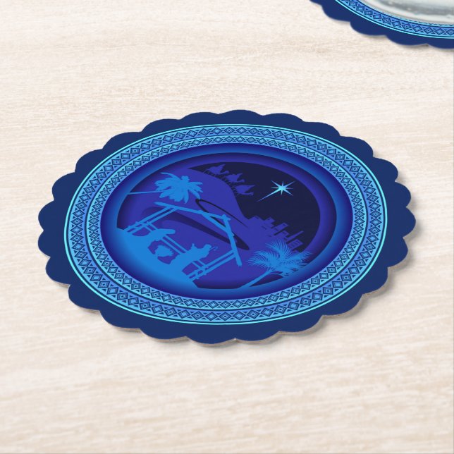 Matching Blue Nativity Christmas Scalloped Round Paper Coaster (Angled)