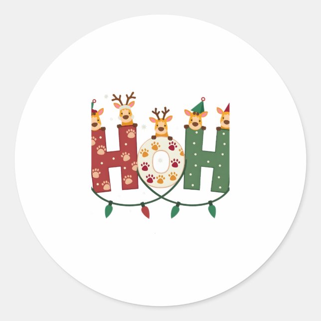 Matching Christmas Santa Hat Ho Ho Ho Giraffe Anim Classic Round Sticker (Front)