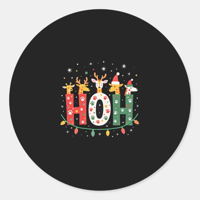 Matching Christmas Santa Hat Ho Ho Ho Giraffe Anim Classic Round Sticker (Front)