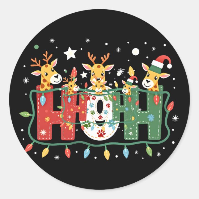 Matching Christmas Santa Hat Ho Ho Ho Giraffe Anim Classic Round Sticker (Front)