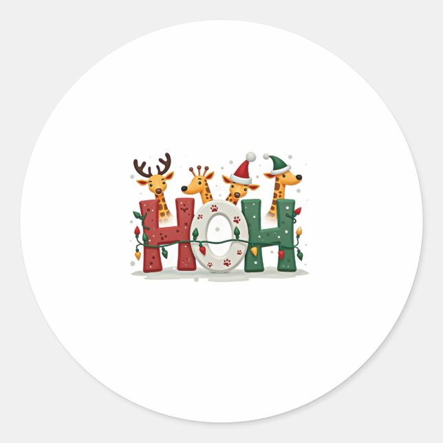 Matching Christmas Santa Hat Ho Ho Ho Giraffe Anim Classic Round Sticker (Front)