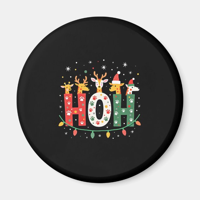Matching Christmas Santa Hat Ho Ho Ho Giraffe Anim Magnet (Front)