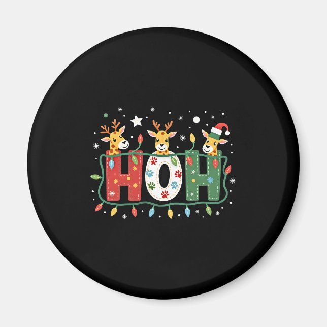 Matching Christmas Santa Hat Ho Ho Ho Giraffe Anim Magnet (Front)