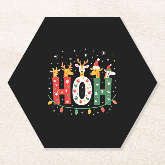 Matching Christmas Santa Hat Ho Ho Ho Giraffe Anim Paper Coaster (Front)