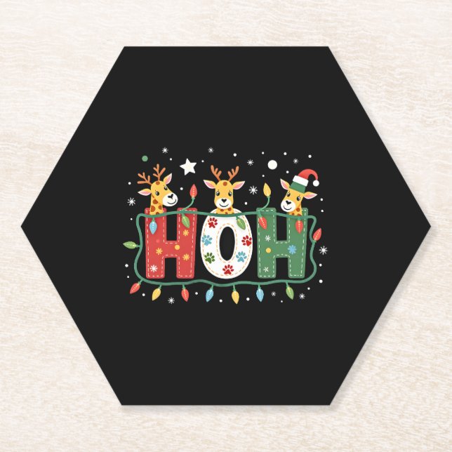 Matching Christmas Santa Hat Ho Ho Ho Giraffe Anim Paper Coaster (Front)