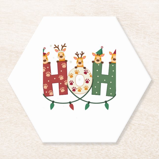 Matching Christmas Santa Hat Ho Ho Ho Giraffe Anim Paper Coaster (Front)