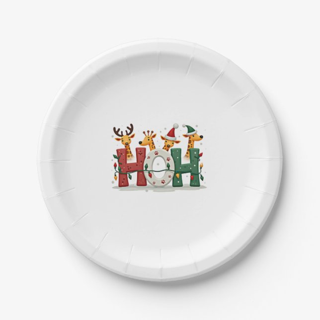 Matching Christmas Santa Hat Ho Ho Ho Giraffe Anim Paper Plate (Front)