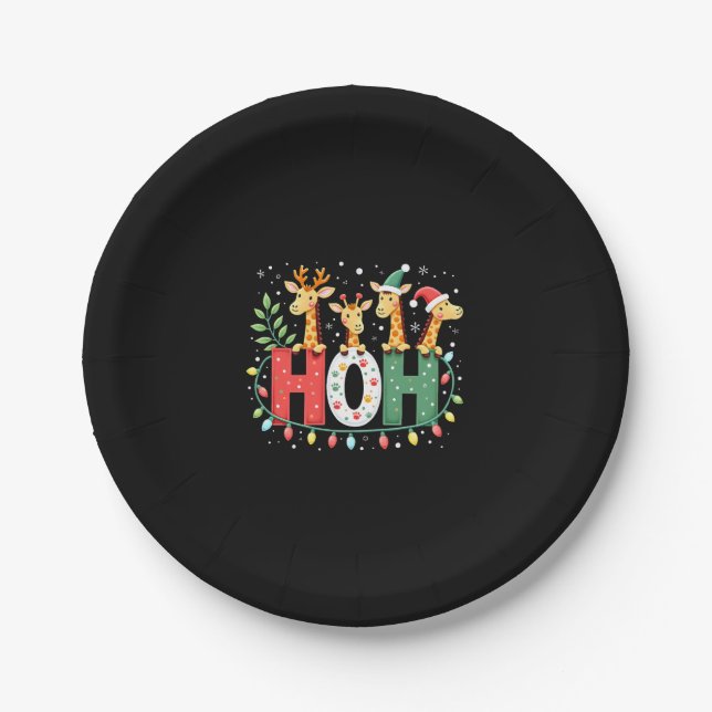 Matching Christmas Santa Hat Ho Ho Ho Giraffe Anim Paper Plate (Front)