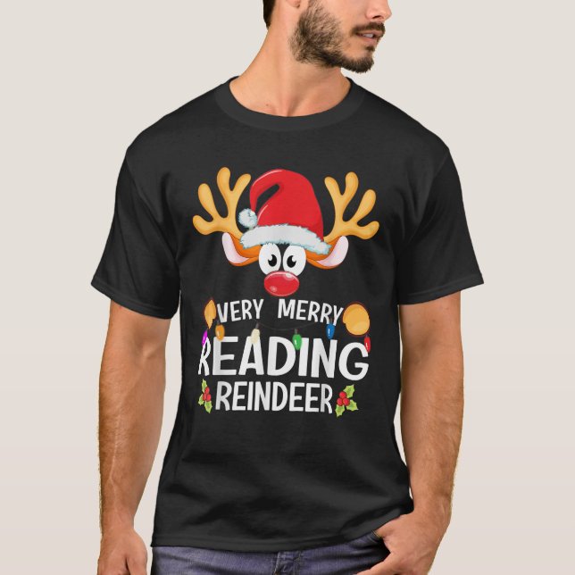 Matching Christmas Very Merry Reading Reindeer  T-Shirt (Front)