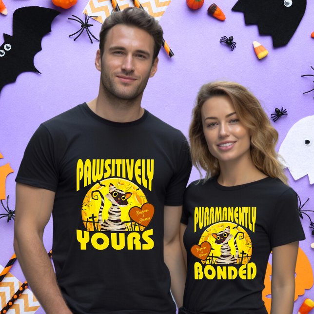Matching Couple Halloween Cat Mummy Names in Heart T-Shirt (Creator Uploaded)
