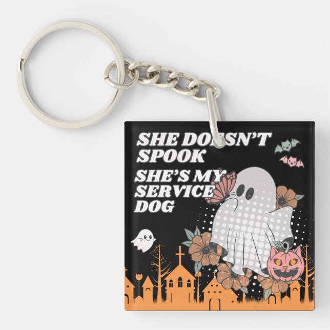 Matching Doesn't Spook Ghost & Pumpkin Service Dog Key Ring (Front)
