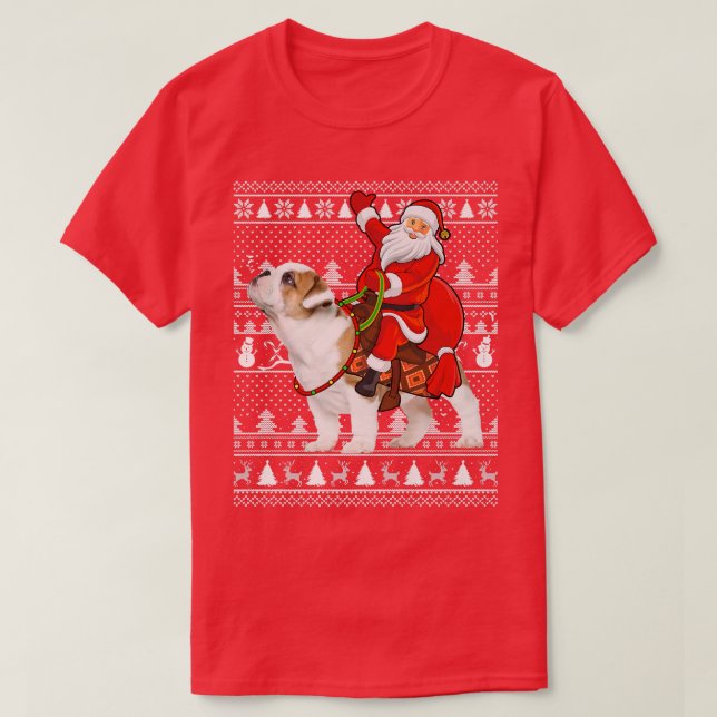 Matching Funny Santa Riding English Bulldog Ugly C T-Shirt (Design Front)
