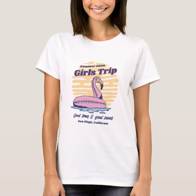 Matching Girls Beach Trip Retro Pink Flamingo T-Shirt (Front)