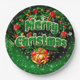 Matching Green Merry Christmas Gold Bells 9" Paper Plate