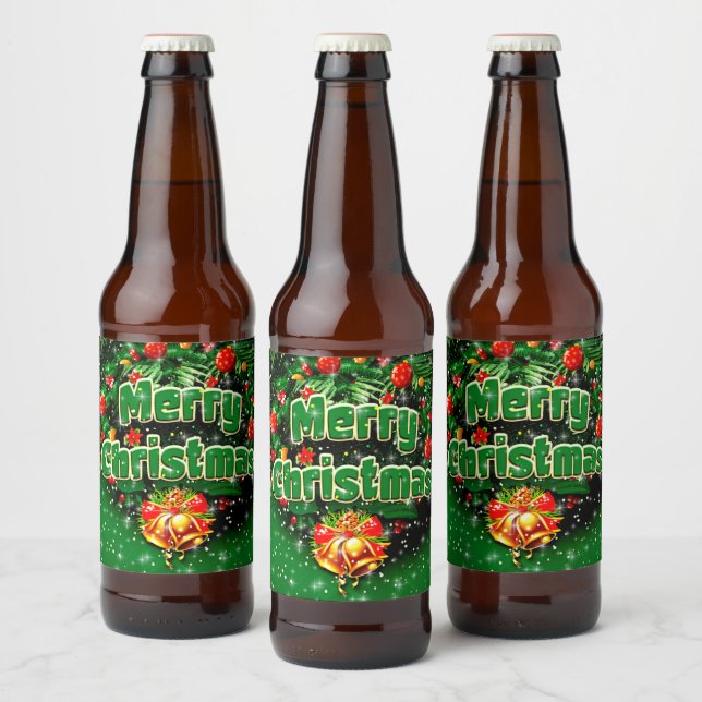 Matching Green Merry Christmas Gold Bells Beer Bottle Label (Bottles)
