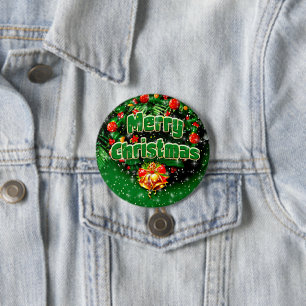 Matching Green Merry Christmas Gold Bells Greeting 7.5 Cm Round Badge
