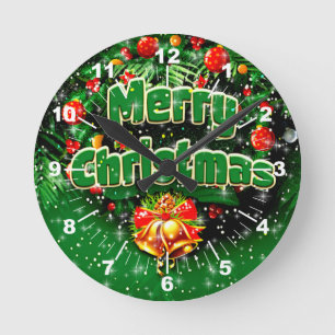 Matching Green Merry Christmas Gold Bells Greeting Round Clock