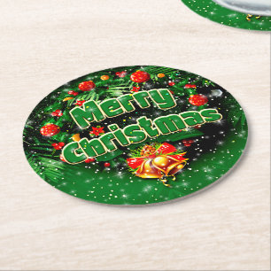 Matching Green Merry Christmas Gold Bells Round Paper Coaster