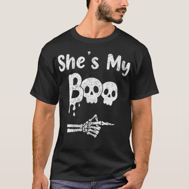 Matching Halloween 	 Couples Shes My Boo Skull Fac T-Shirt (Front)