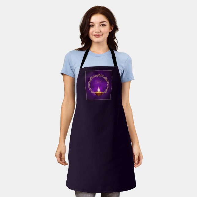 Matching Happy Diwali Purple Apron (Worn)