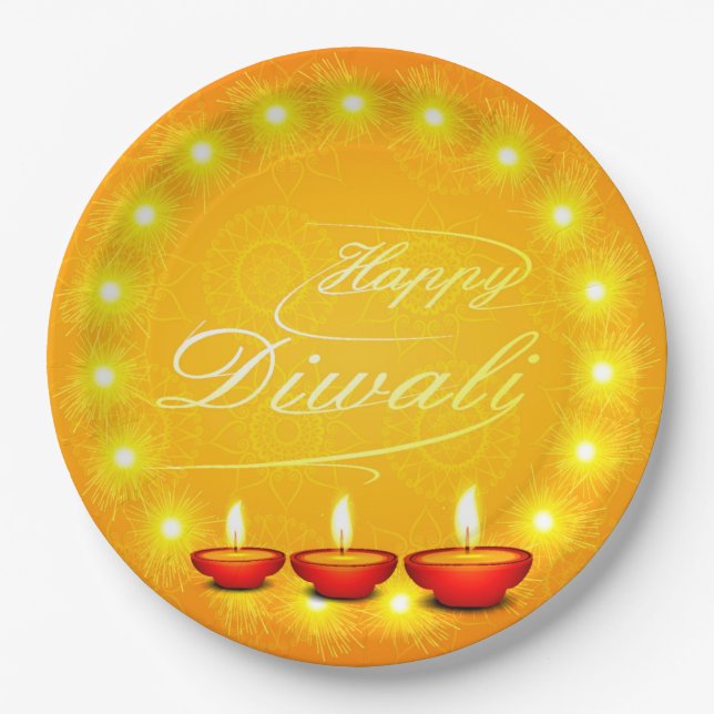 Matching Happy Diwali Yellow 9" Paper Plate (Front)