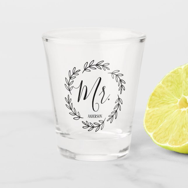 Matching Mr. Monogram Wreath Shot Glass (Front)